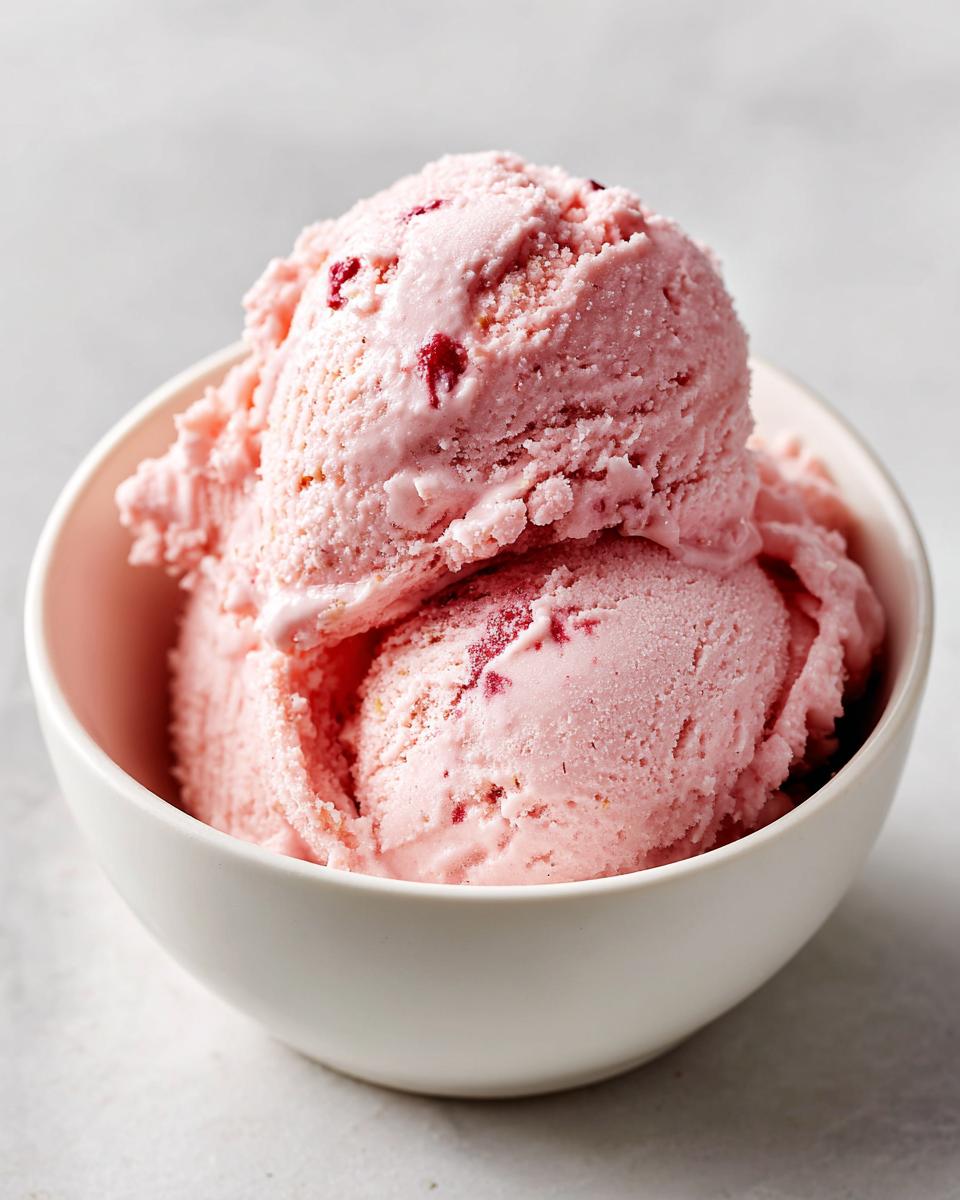 Two scoops of pink strawberry ice cream with visible fruit pieces served in a small white bowl.