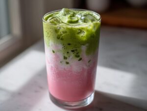 A tall glass featuring a layered strawberry matcha drink with bright pink strawberry milk on the bottom and vibrant green matcha foam over ice.