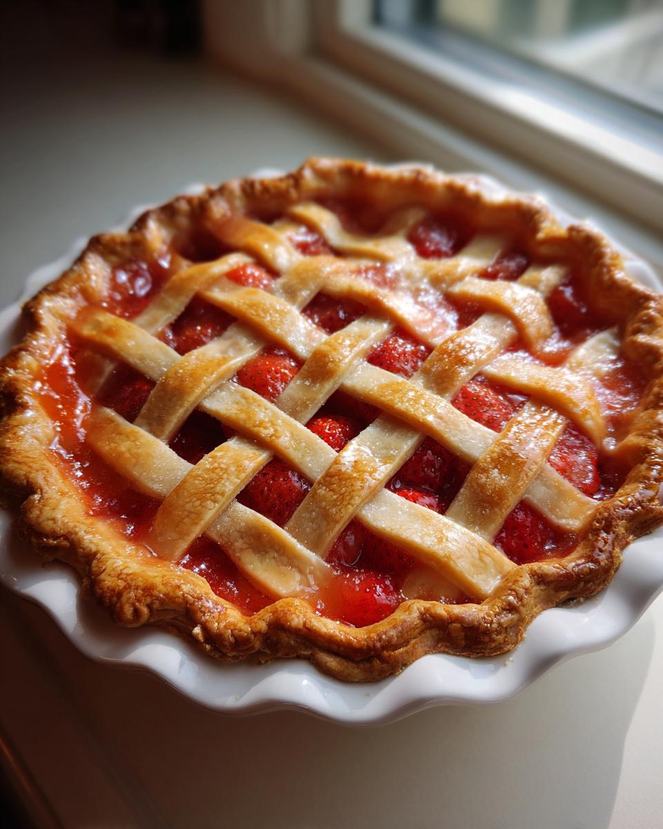 A freshly baked strawberry rhubarb pie with a golden lattice crust, sitting in a white dish.