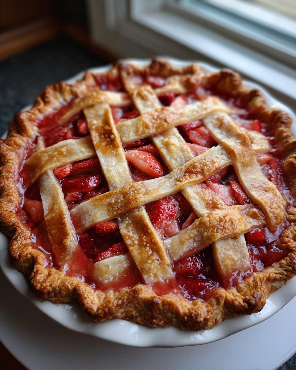 A freshly baked strawberry rhubarb pie with a golden brown lattice crust overflowing with red fruit filling.