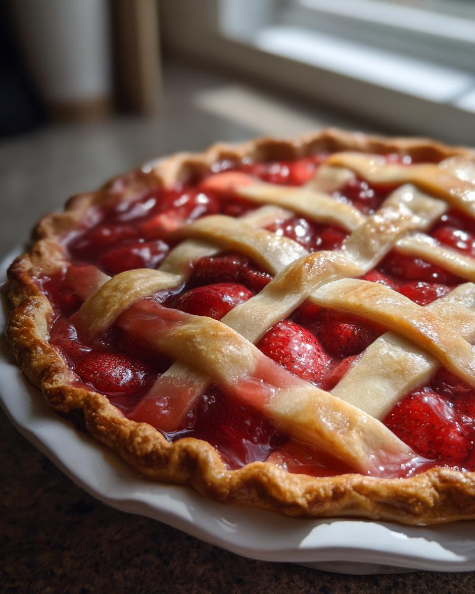 Close-up of a freshly baked strawberry rhubarb pie featuring a golden lattice crust over glistening red fruit filling.