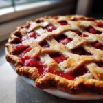 Close-up of a freshly baked strawberry rhubarb pie with a golden lattice crust and bubbling red filling.