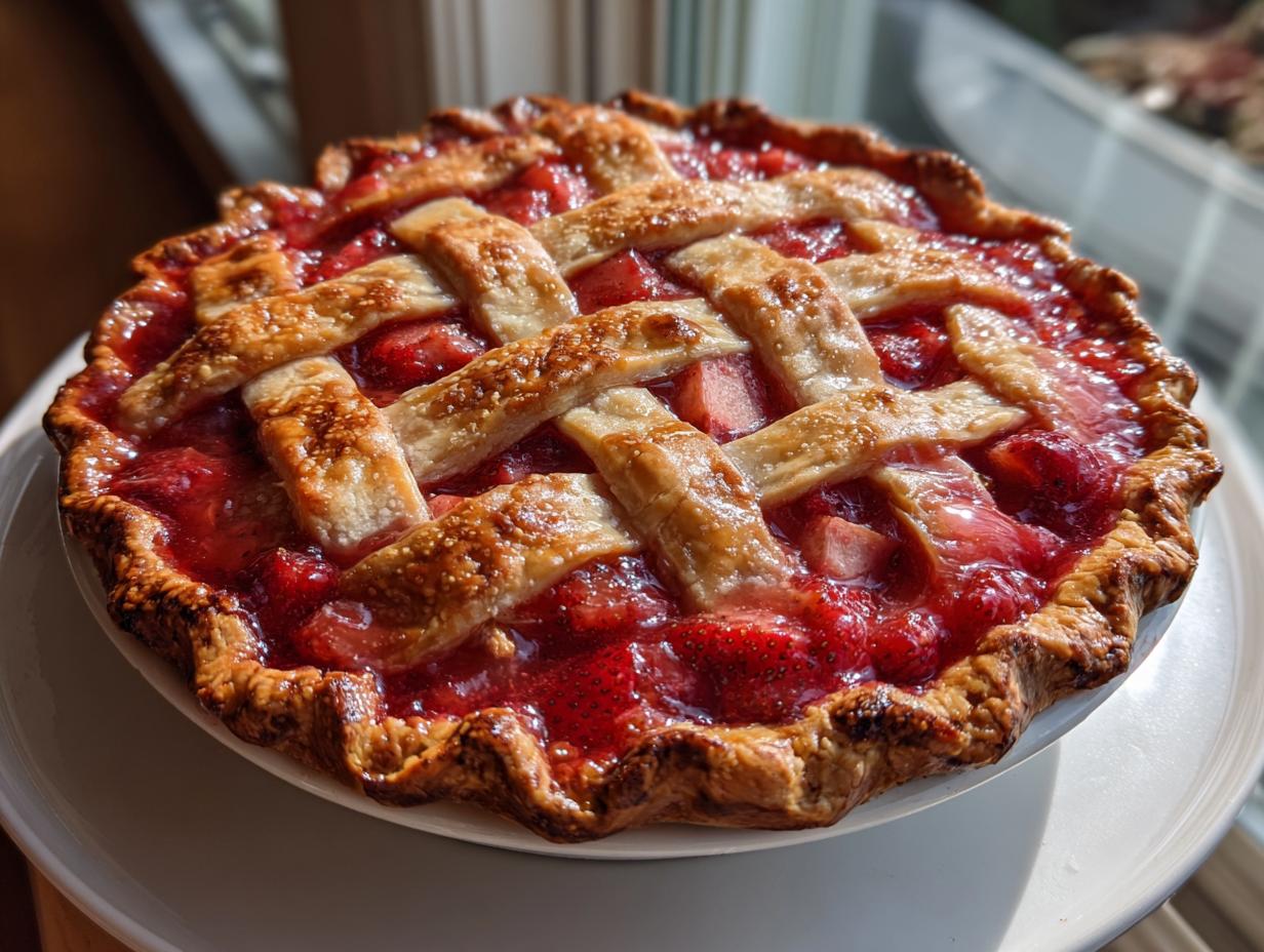 A freshly baked strawberry rhubarb pie with a golden, flaky lattice crust, glistening with red filling.