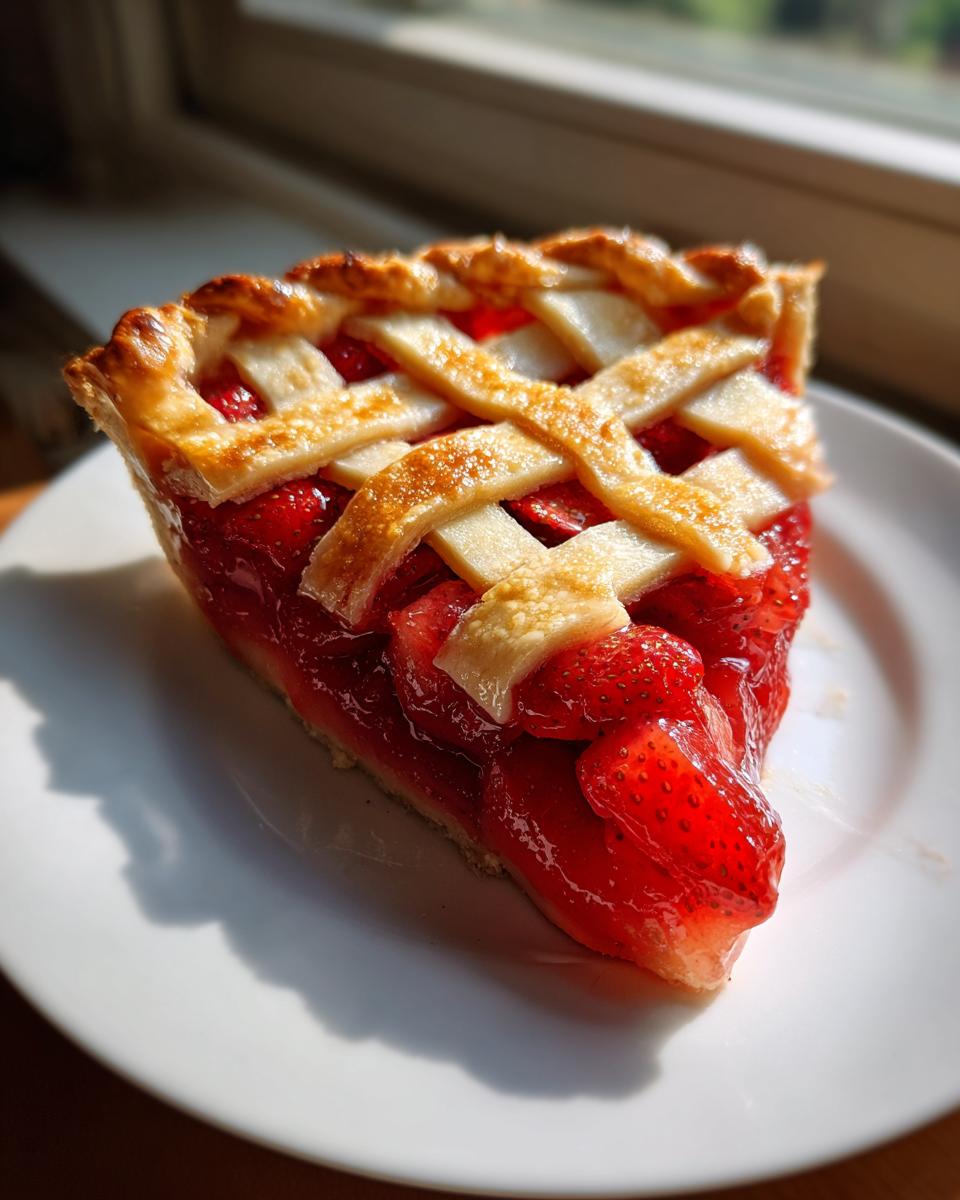 A close-up of a juicy slice of strawberry rhubarb pie featuring a golden lattice crust and bright red filling.