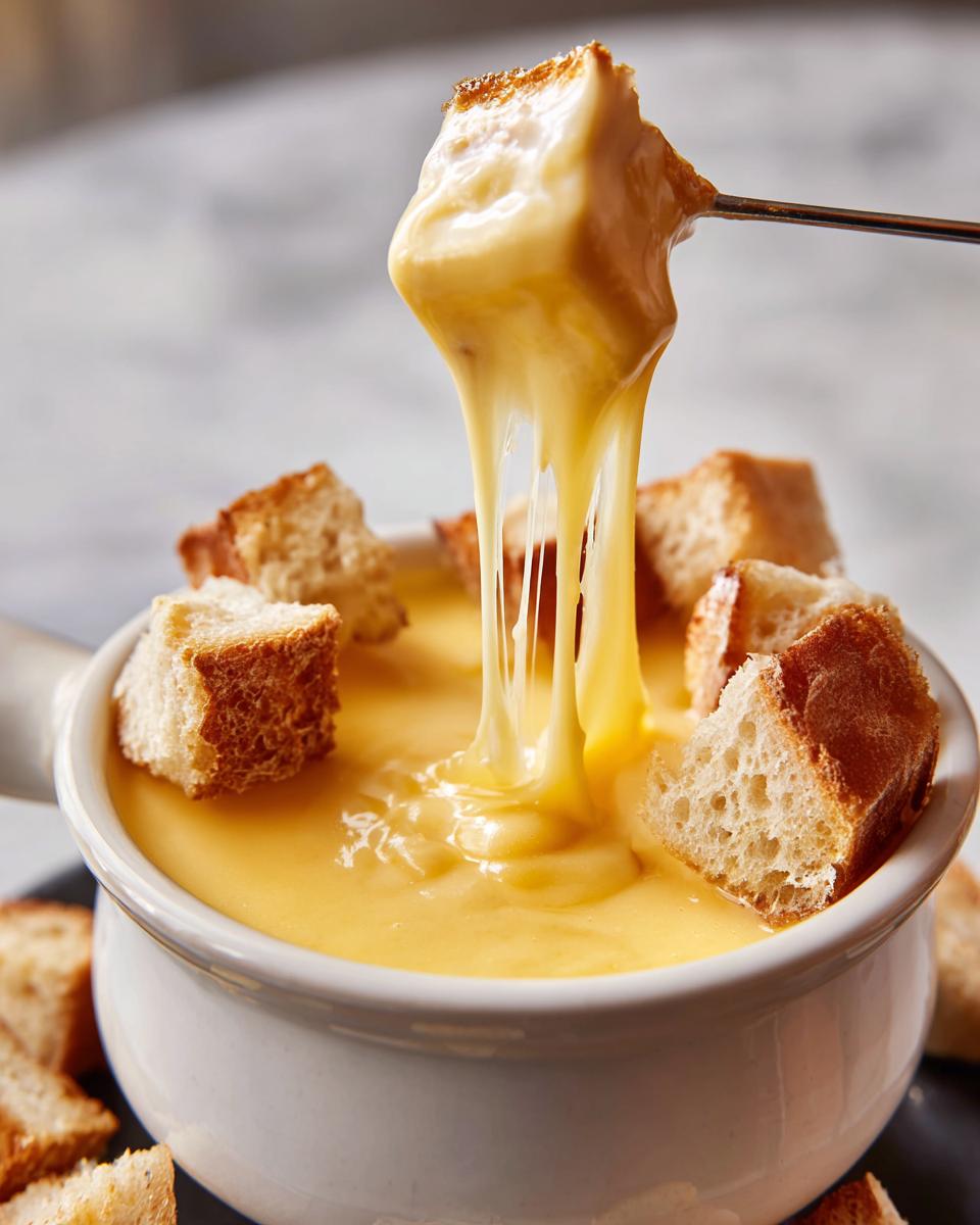 A piece of toasted bread is lifted from a white bowl of smooth, melted cheese fondue recipe, showing long, gooey cheese pulls.