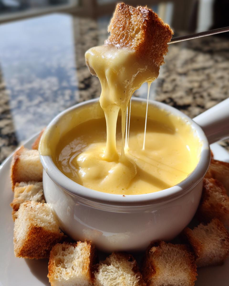 A piece of toasted bread is dipped into a white pot of gooey, stretchy cheese fondue recipe.