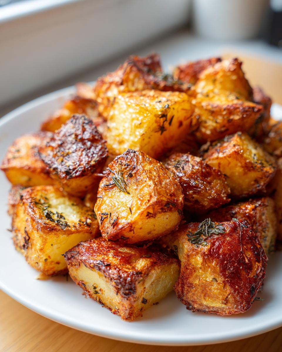 Close-up of golden brown, crispy roast potatoes seasoned with herbs on a white plate.