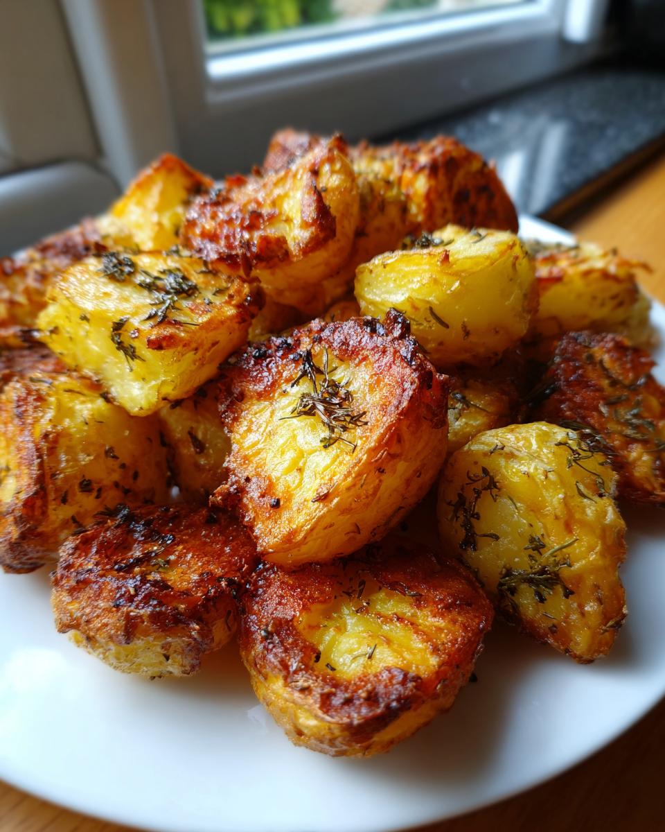 Close-up of golden brown, fluffy roast potatoes seasoned with dried herbs on a white plate.