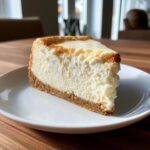 A close-up of a thick slice of creamy sugar cookie cheesecake with a graham cracker crust on a white plate.