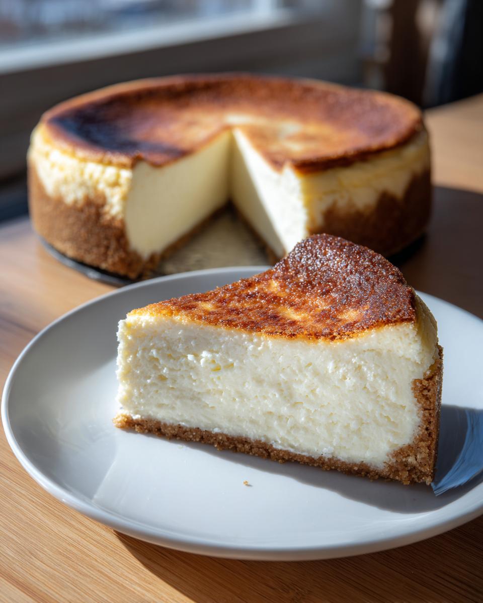 A thick slice of creamy sugar cookie cheesecake with a dark, caramelized top, served on a white plate.