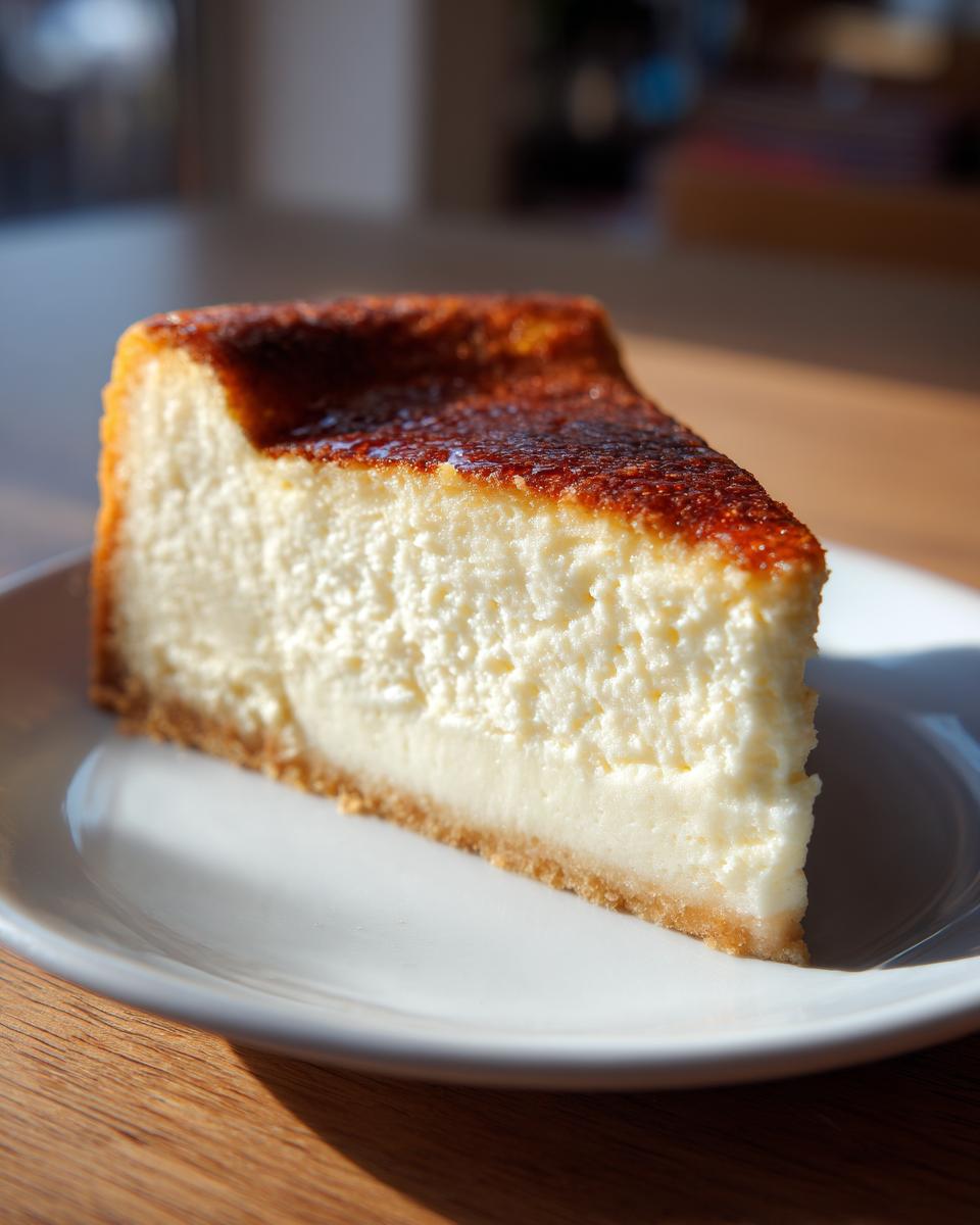 A close-up of a thick slice of sugar cookie cheesecake with a deeply caramelized top.