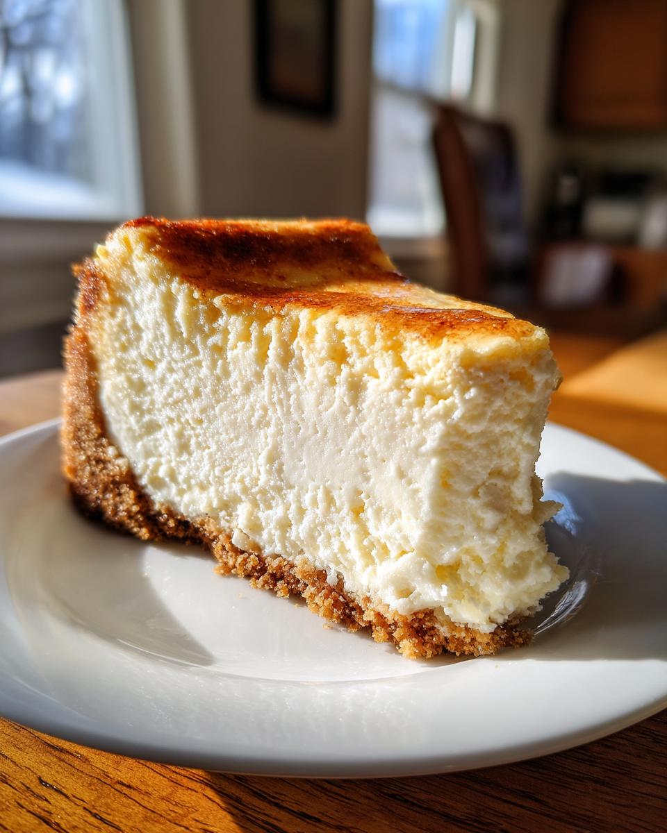 A thick, creamy slice of sugar cookie cheesecake with a golden-brown top and graham cracker crust on a white plate.