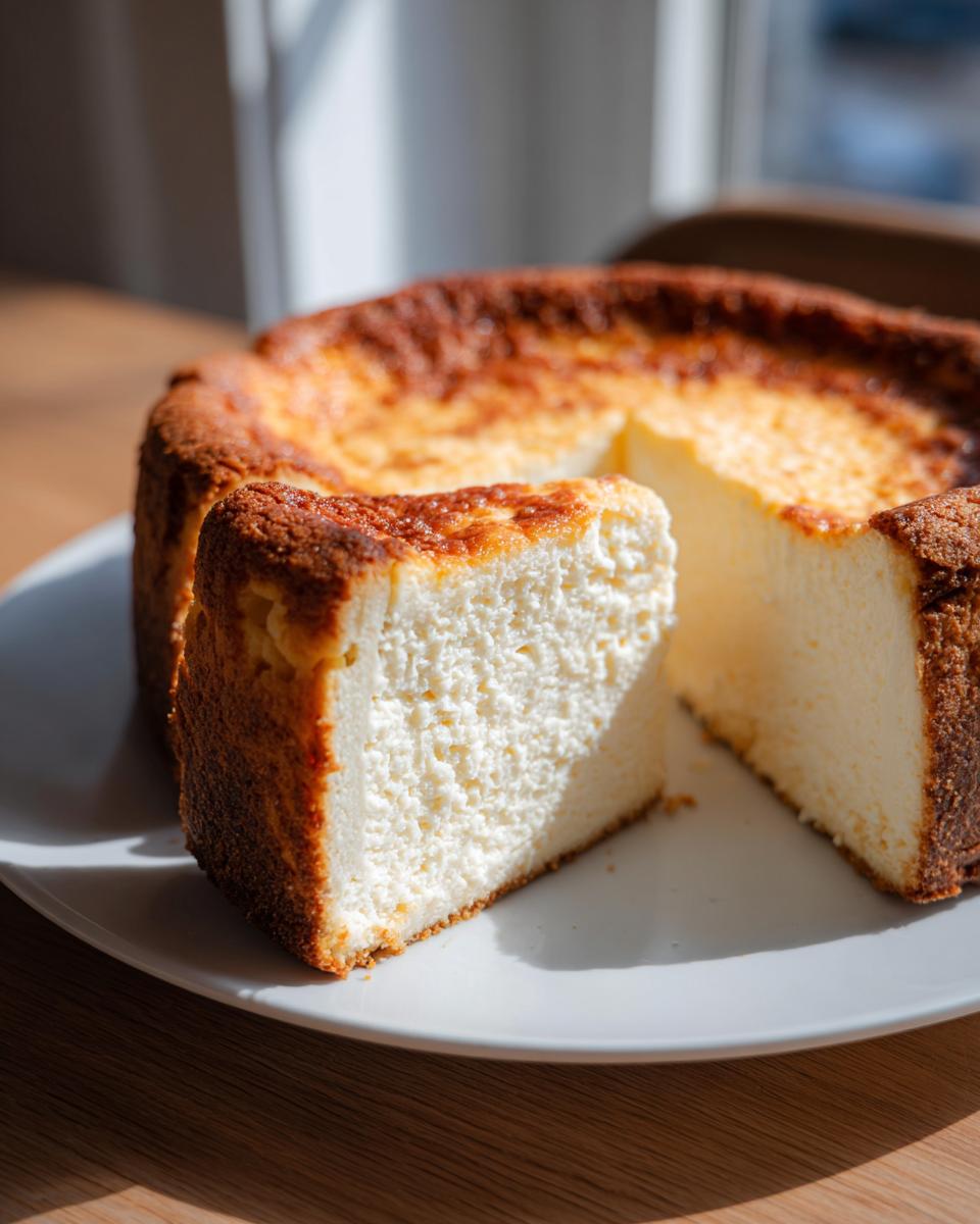 A rich, creamy slice of sugar cookie cheesecake with a deeply browned top, served on a white plate.