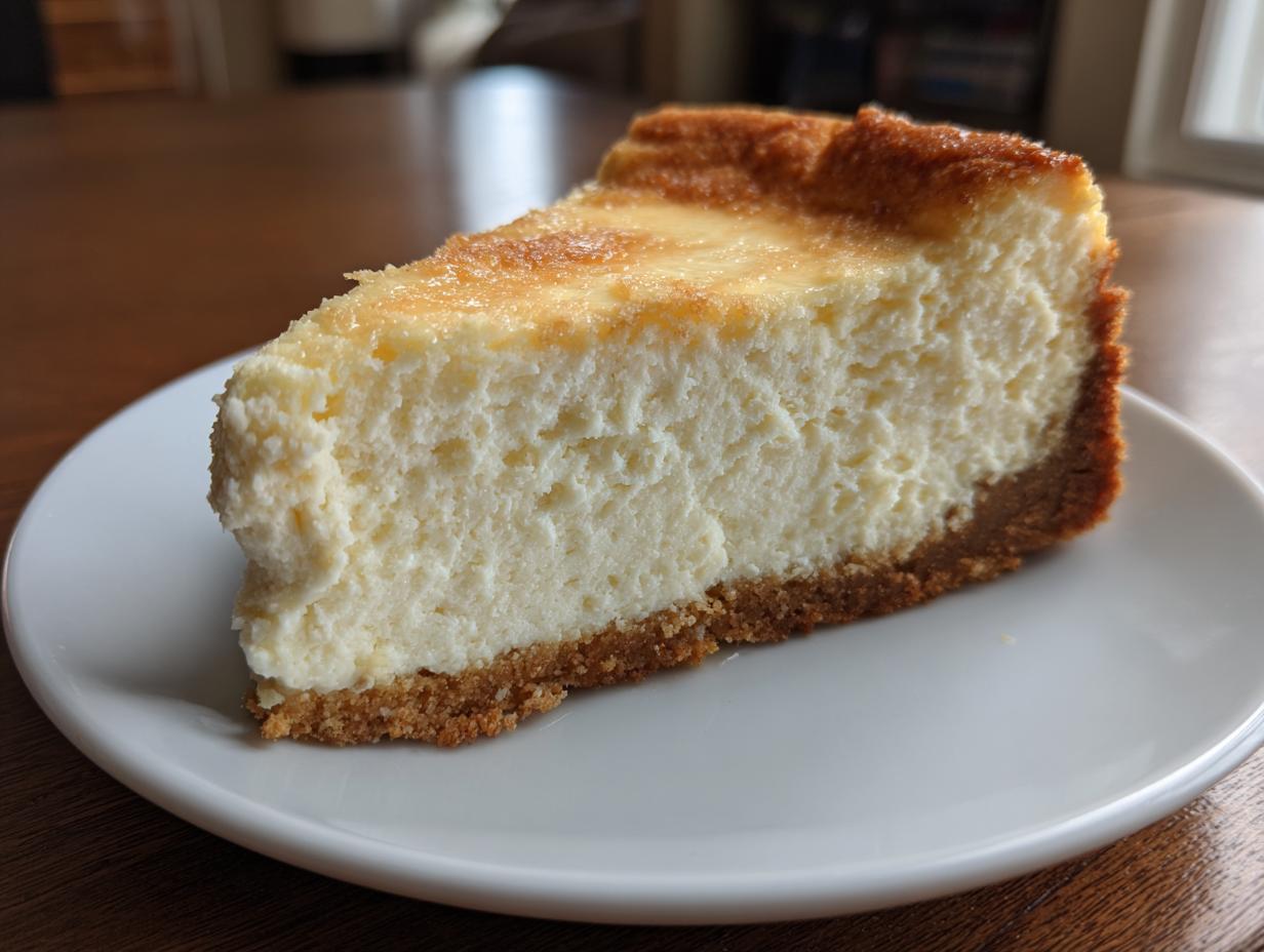 A close-up of a thick slice of creamy sugar cookie cheesecake with a golden-brown top and graham cracker crust.