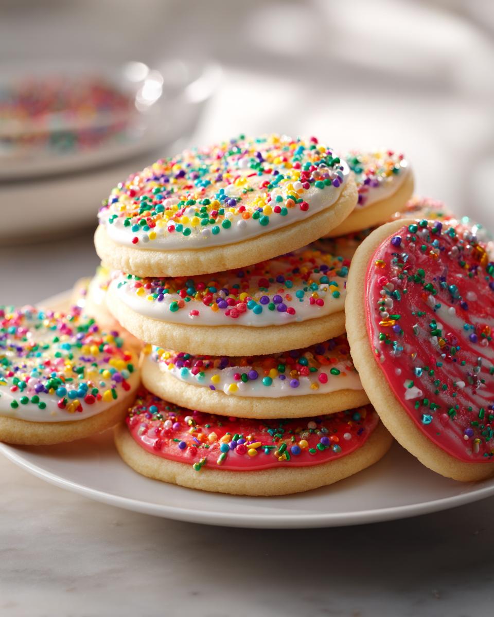 A stack of round sugar cookies topped with white and pink sugar cookie icing that hardens, covered in colorful sprinkles.