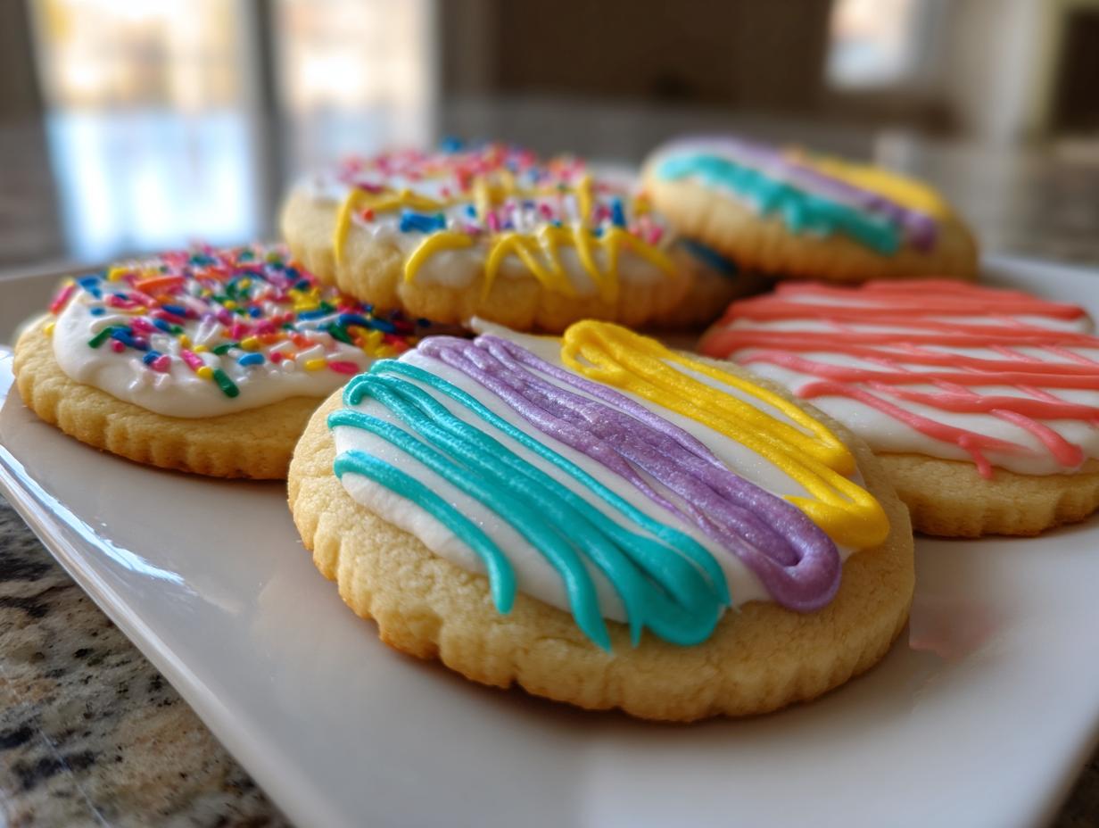 Close-up of several sugar cookies decorated with white base and colorful piping, showcasing successful cookie icing.