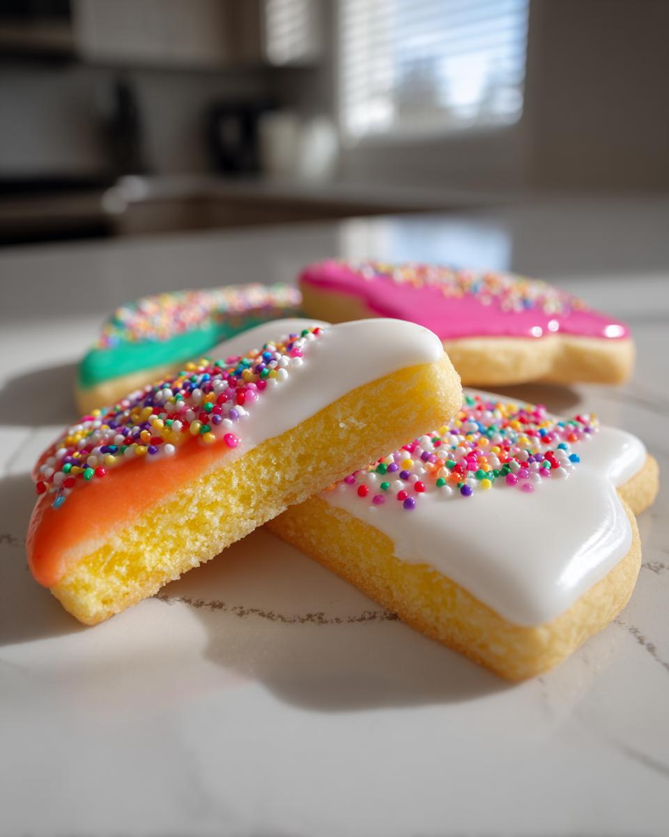 Two sugar cookies showing the cross-section of the bright yellow cake and the smooth, hardened cookie icing topped with sprinkles.