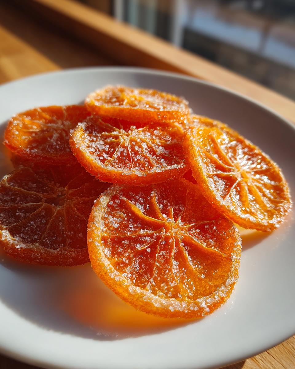 Close-up of several bright orange candied orange slices heavily coated in sparkling sugar crystals.