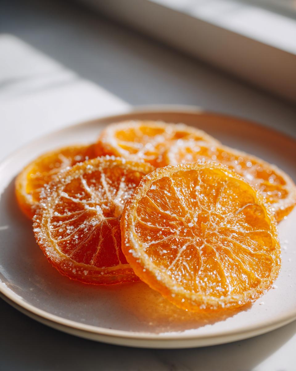 Close-up of several bright orange candied orange slices dusted with sugar, resting on a light-colored plate.