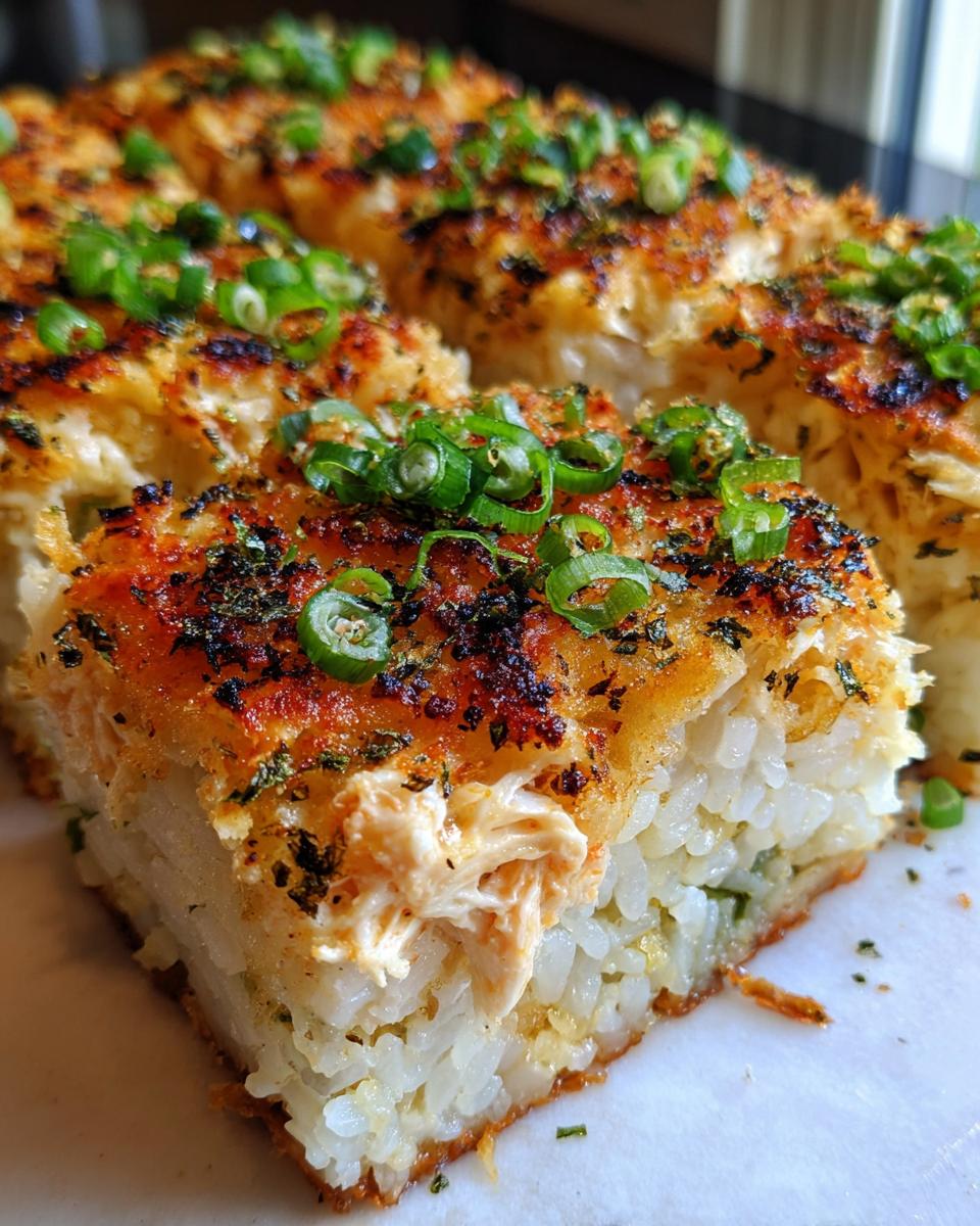 A close-up view of a square slice of baked sushi bake, showing layers of rice and creamy topping, garnished with green onions.