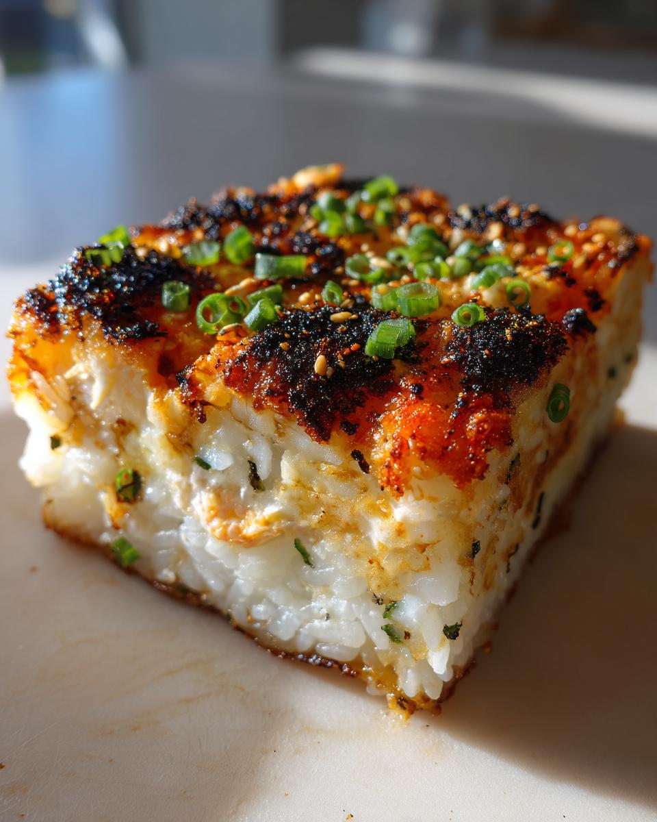 Close-up of a square slice of baked sushi bake showing layers of rice and a browned, savory topping with green onions.