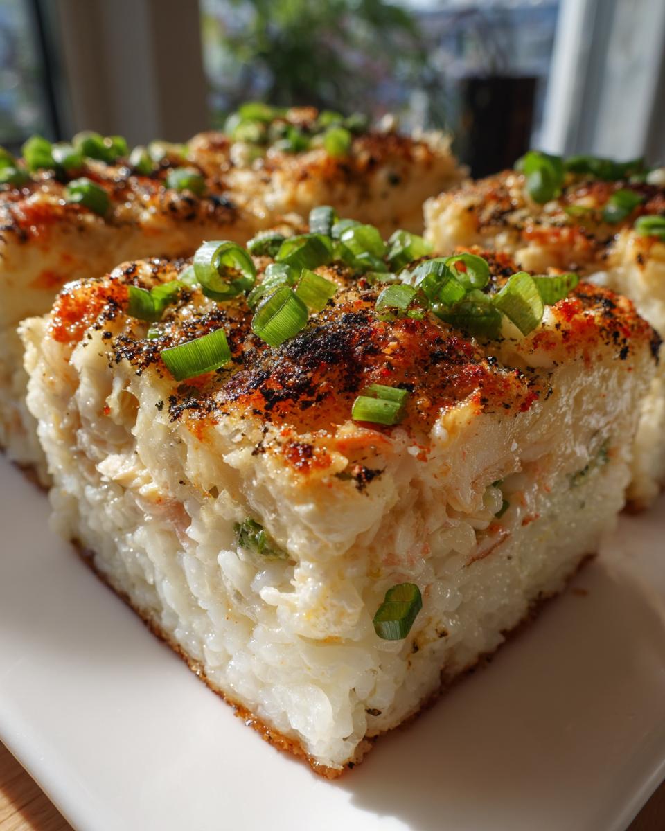Close-up of baked sushi bake squares topped with spices and fresh green onions.