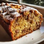 Close-up of a slice of sweet alabama pecan bread, showing moist crumb and pecans, dusted with powdered sugar.