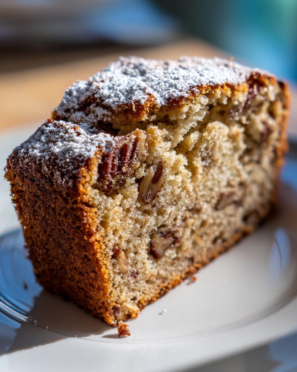 Close-up of a slice of sweet Alabama pecan bread, showing pecans throughout the crumb and dusted with powdered sugar.