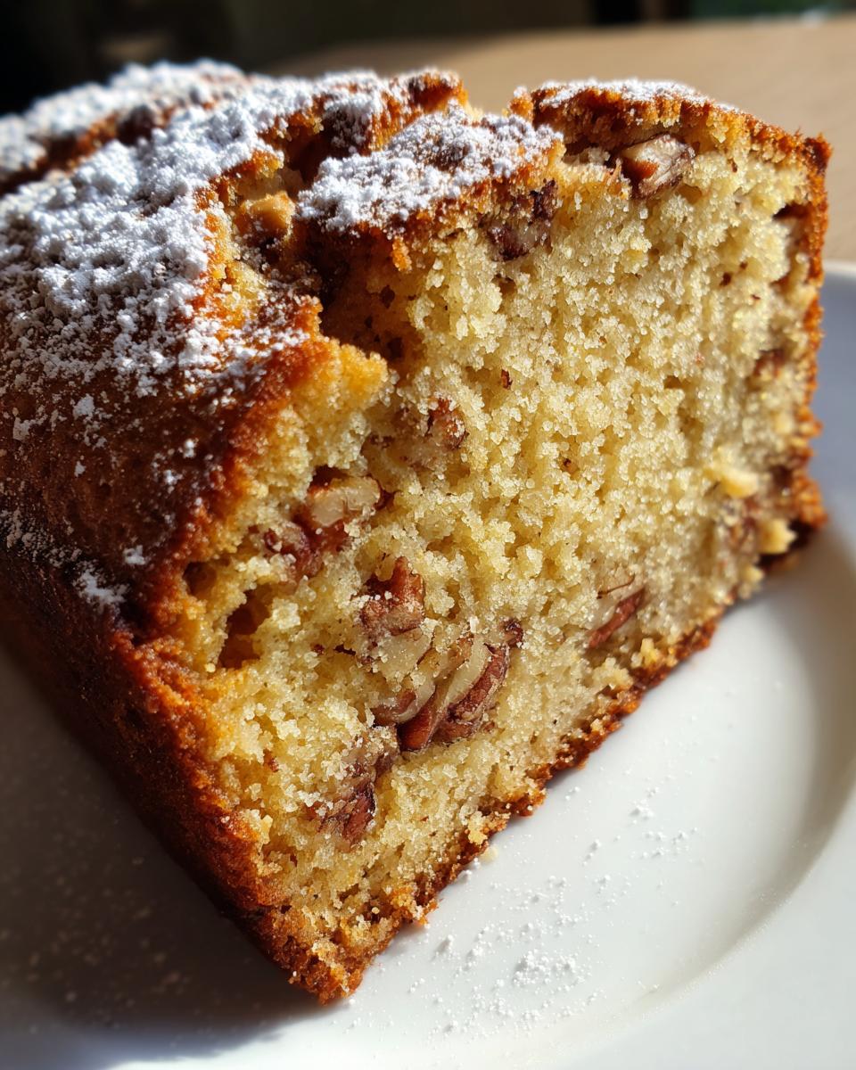 Close-up of a moist slice of sweet alabama pecan bread, studded with pecans and dusted with powdered sugar.