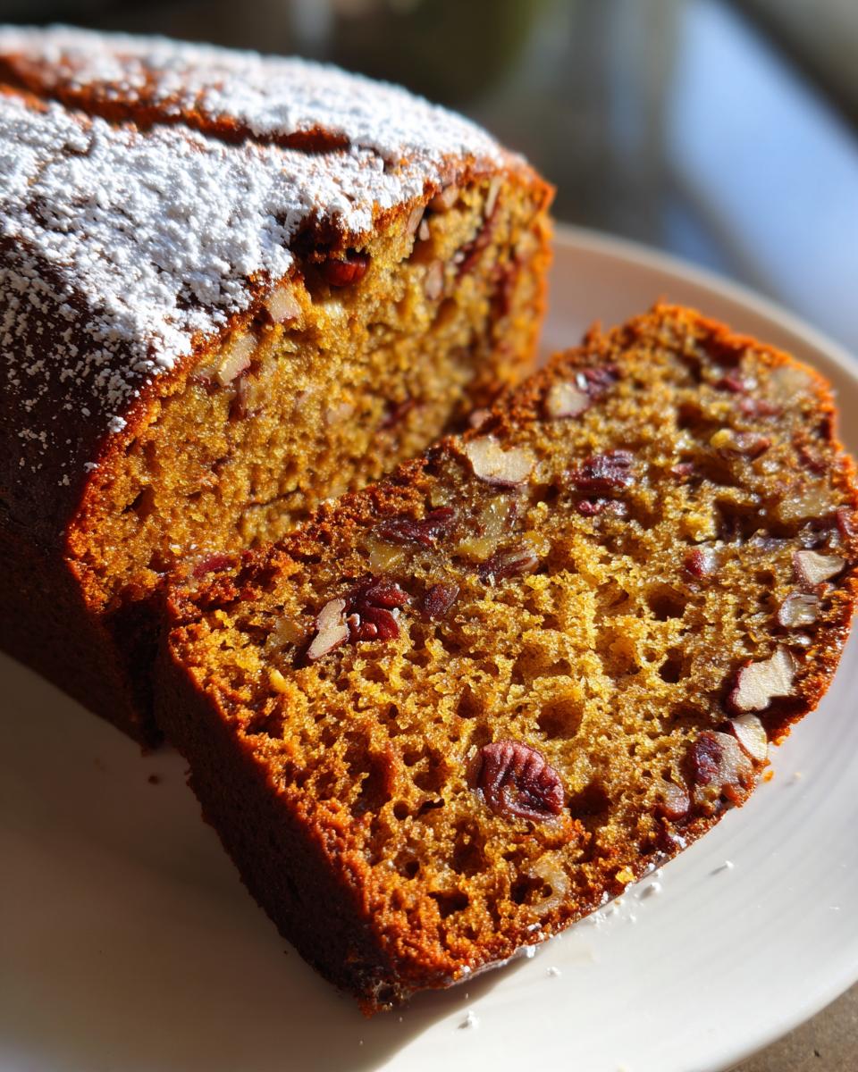 A close-up of sliced sweet alabama pecan bread, rich in pecans and dusted with powdered sugar.