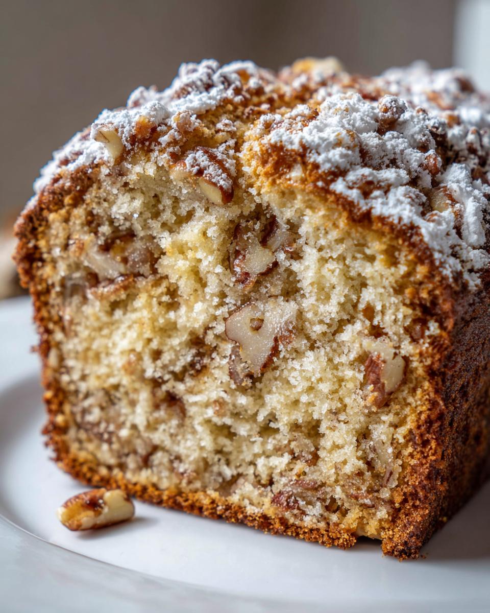 A close-up cross-section of moist sweet alabama pecan bread, topped with pecans and powdered sugar.