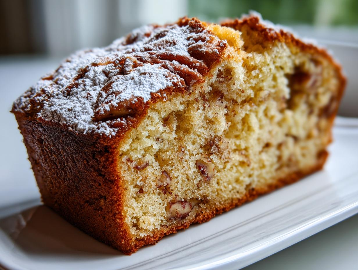 Close-up of a moist slice of sweet Alabama pecan bread, topped with powdered sugar.
