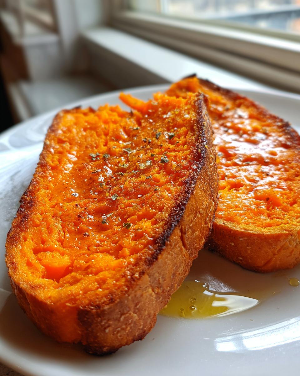 Two slices of bright orange sweet potato toast seasoned with herbs and drizzled with oil, sitting on a white plate.