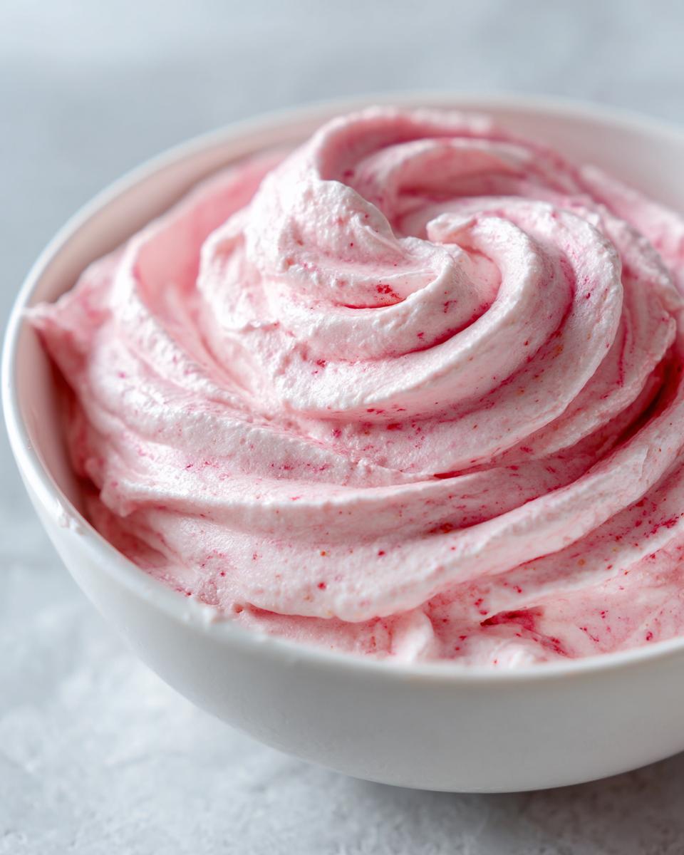 A close-up shot of fluffy, pink strawberry cheesecake dip swirled beautifully in a white bowl.