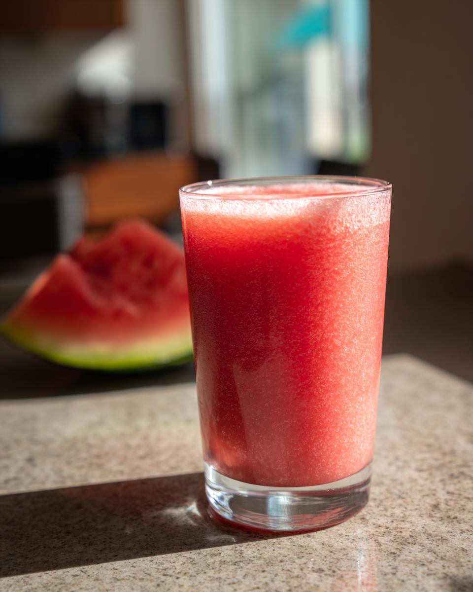 A tall glass filled with bright red watermelon smoothie sitting on a counter, with a slice of watermelon in the background.