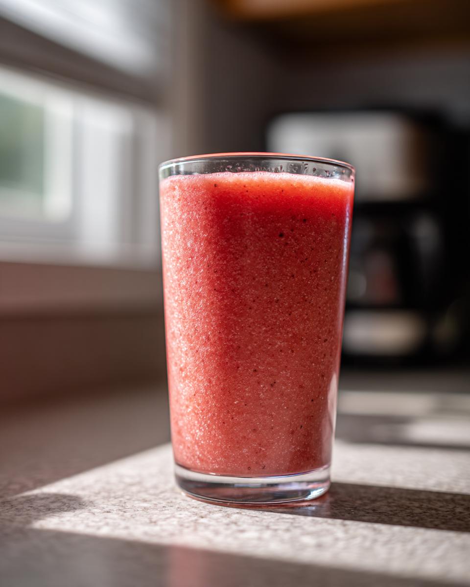 A tall glass filled with a vibrant, frosty watermelon smoothie sitting on a speckled countertop in sunlight.