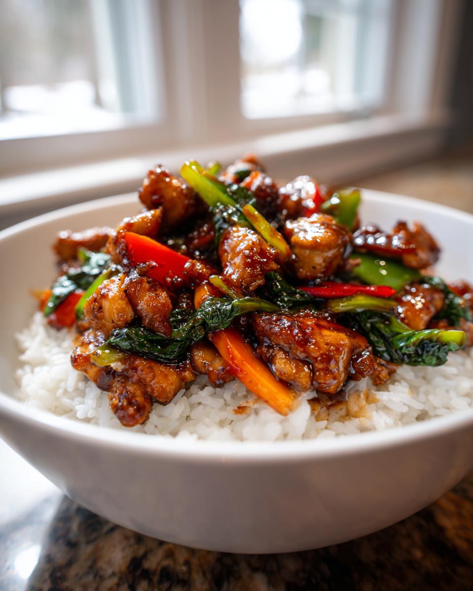 A close-up of a white bowl filled with white rice topped with glazed teriyaki chicken and colorful vegetables, perfect for a chicken rice bowl.