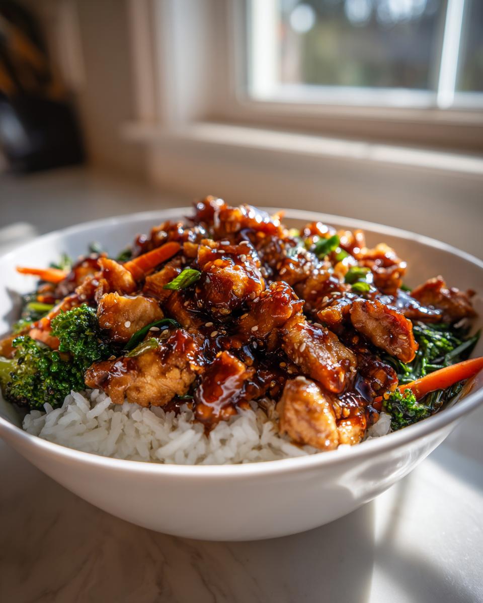 A close-up of a teriyaki chicken rice bowl featuring glazed chicken pieces, steamed rice, broccoli, and carrots.
