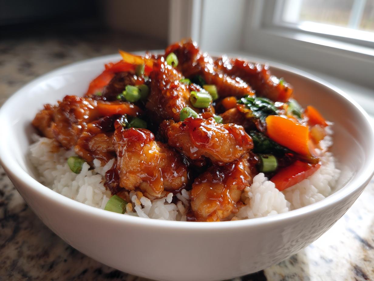 A close-up of a delicious teriyaki chicken rice bowl featuring glazed chicken pieces, white rice, and chopped green onions.