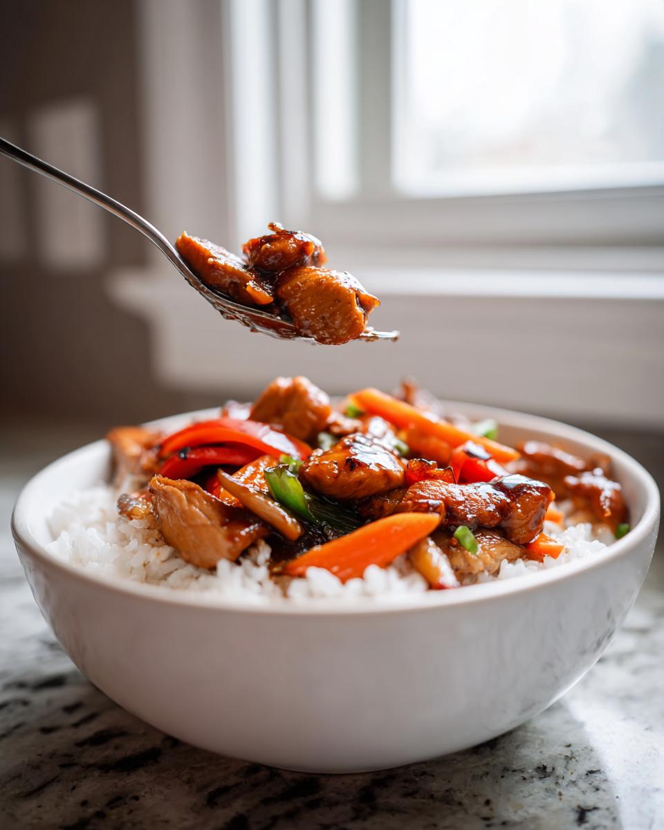 A spoonful of teriyaki chicken and vegetables being lifted from a white bowl filled with a chicken rice bowl.