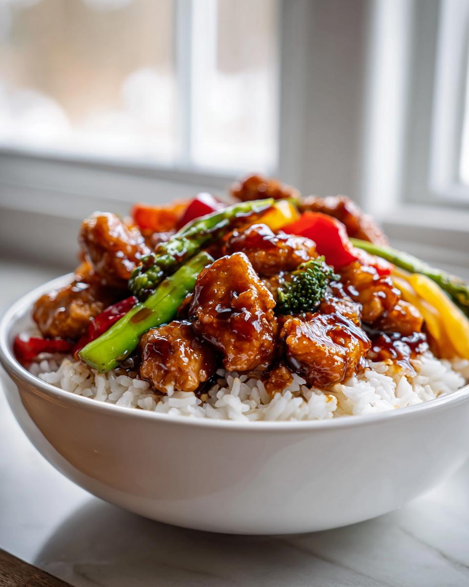 Close-up of a teriyaki chicken rice bowl topped with glazed chicken, broccoli, snap peas, and bell peppers.