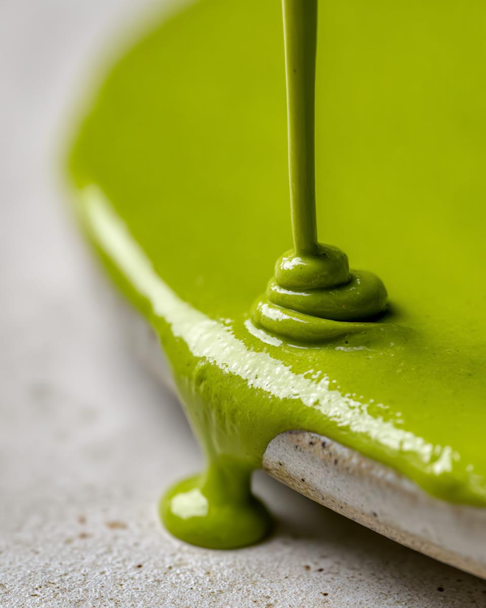 Close-up of thick, vibrant green avocado sauce being poured, creating a swirl on a light-colored surface.
