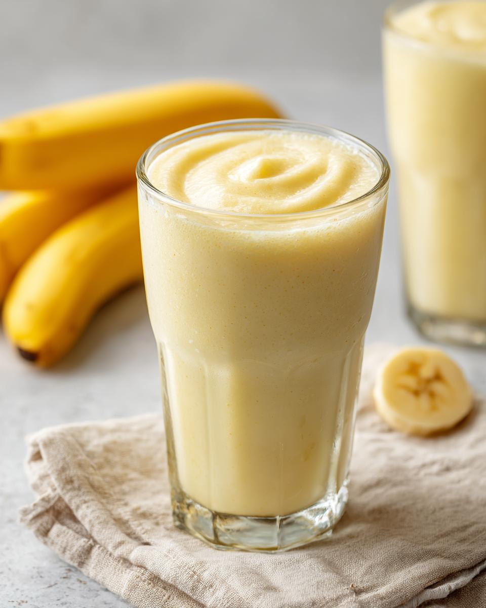 A tall glass filled with a thick, creamy banana smoothie, with whole bananas blurred in the background.