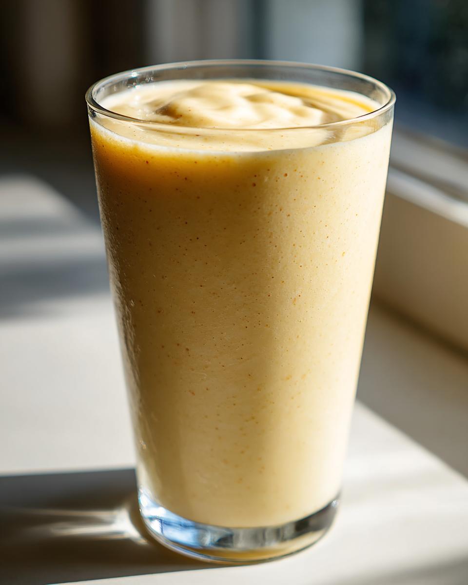 A tall glass filled with a thick, creamy, light yellow banana smoothie, catching sunlight by a window.