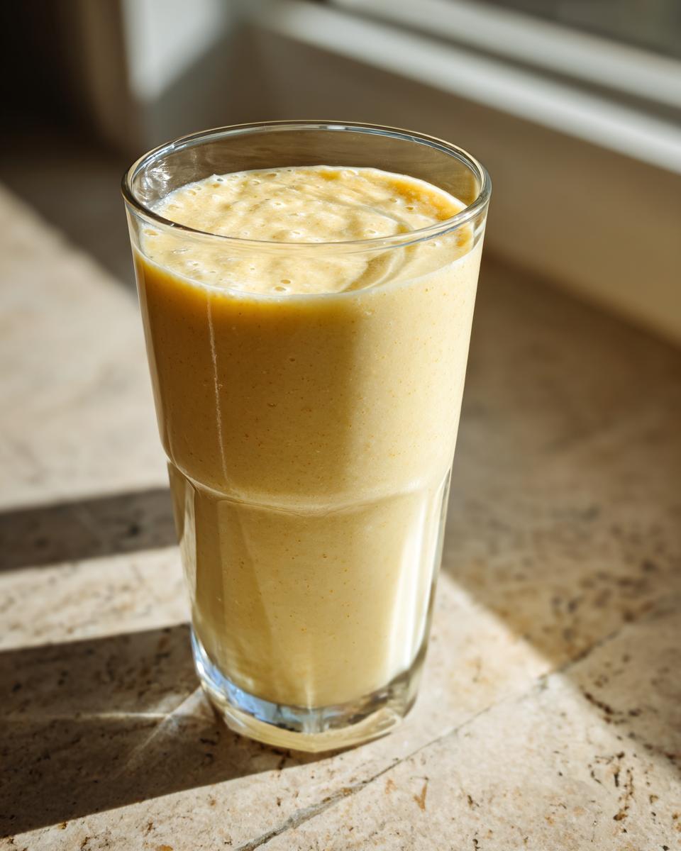 A tall glass filled with a thick, creamy yellow banana smoothie sitting on a sunlit stone countertop.