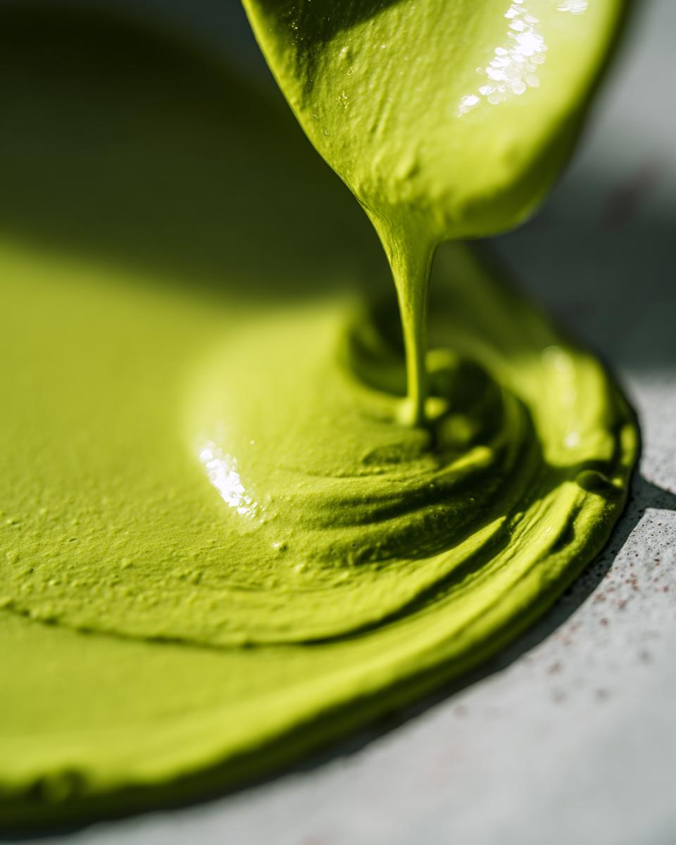 Close-up of thick, vibrant green avocado sauce being poured or dripping onto a surface.