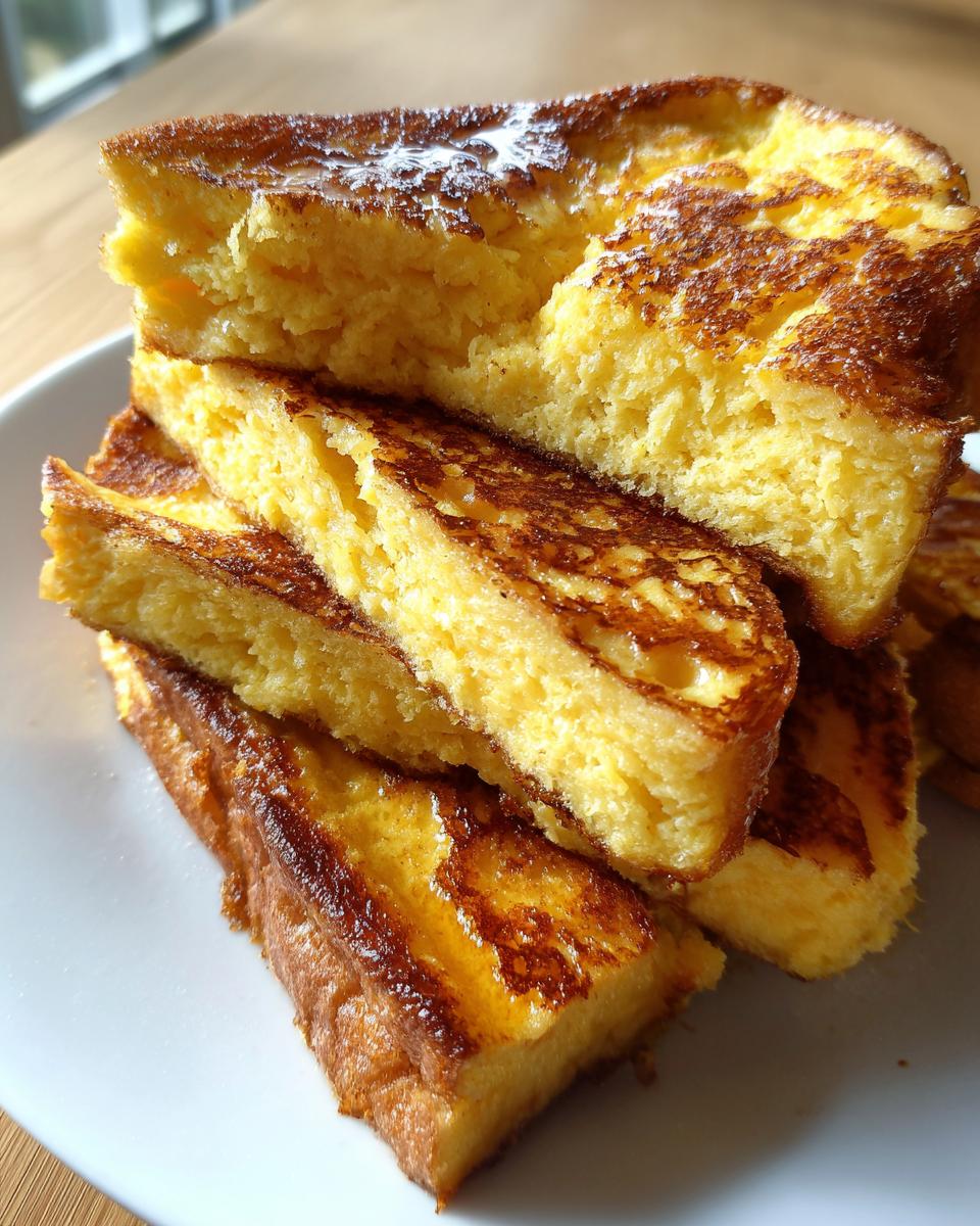 Close-up of a stack of thick, golden-brown french toast slices drizzled with syrup.