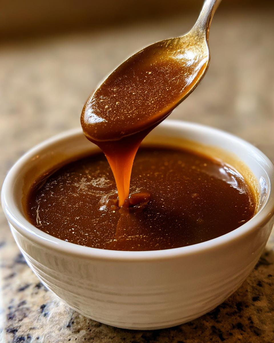 Close-up of thick homemade brown gravy being drizzled back into a white bowl from a silver spoon.