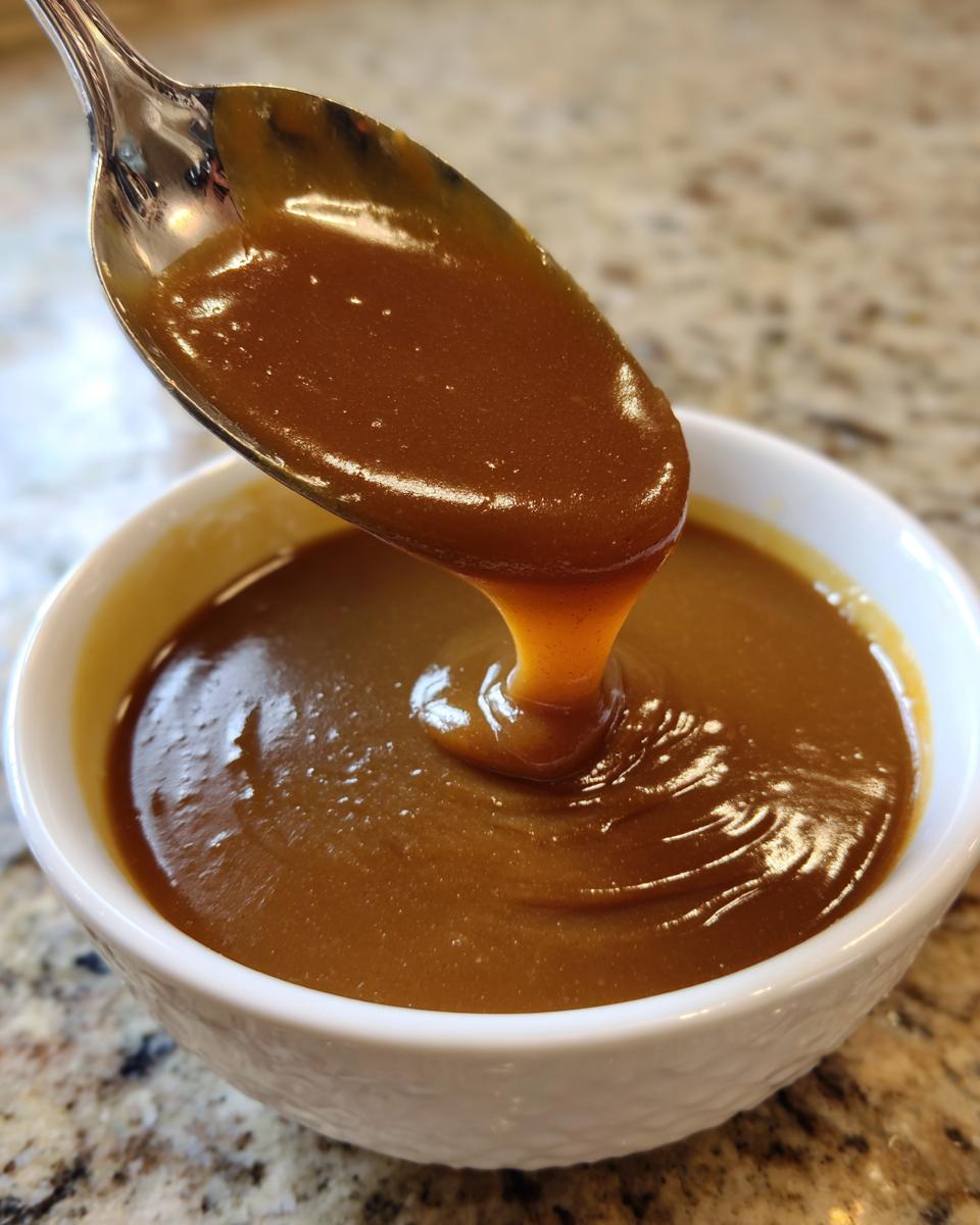 Close-up of thick, rich homemade brown gravy dripping from a metal spoon back into a white bowl.