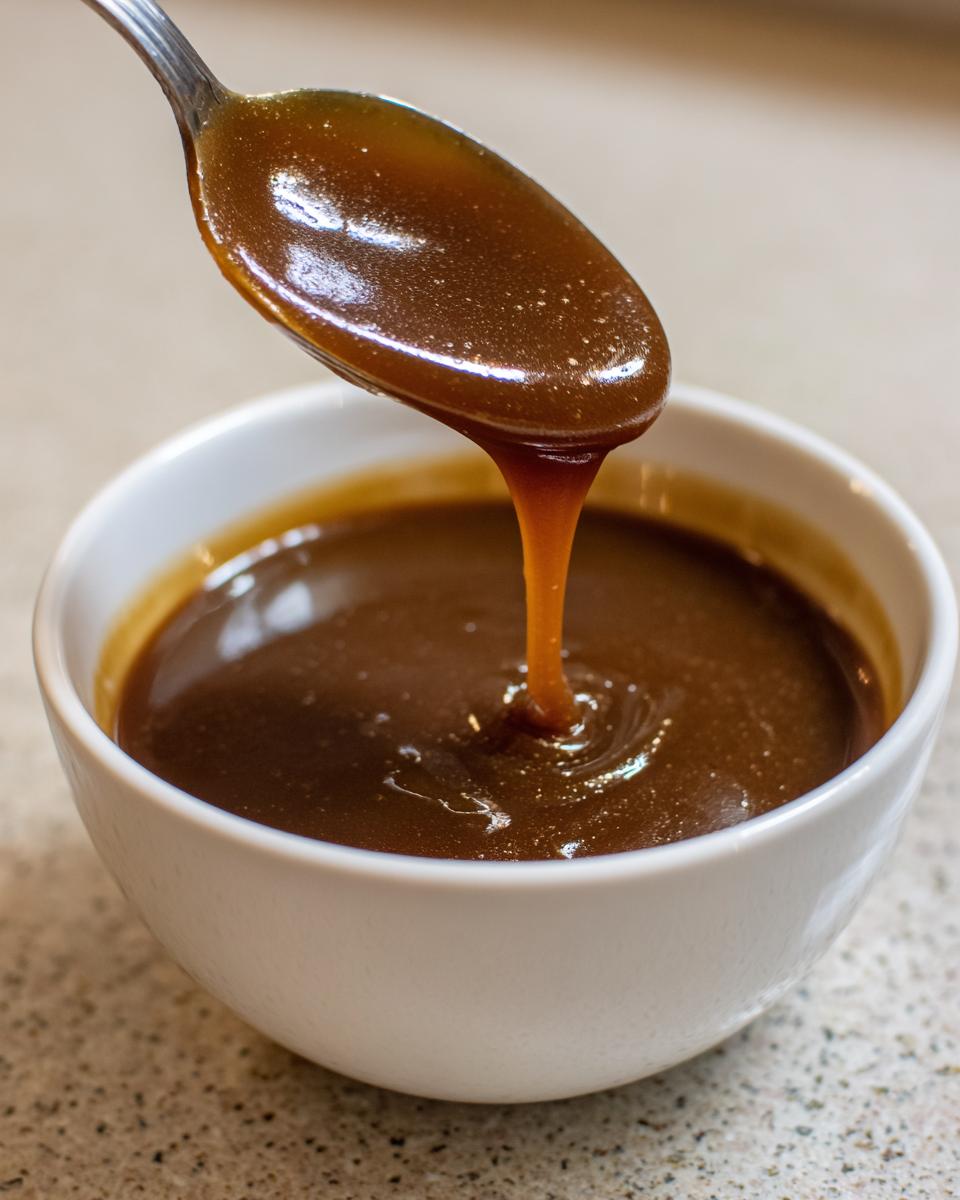 Close-up of thick, rich homemade brown gravy being spooned into a small white bowl.